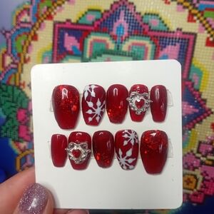 Red Glitter Nail Set with Heart Accents
